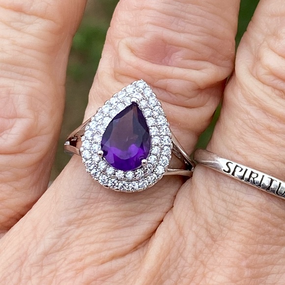 Amethyst teardrop halo ring platinum plated sz 7 brand new in box - Picture 8 of 16